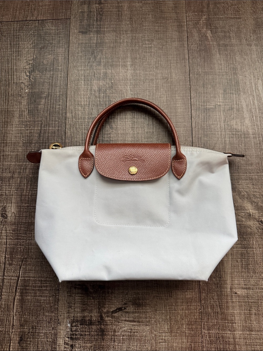 Longchamp White Nylon Tote with Brown Leather Trim